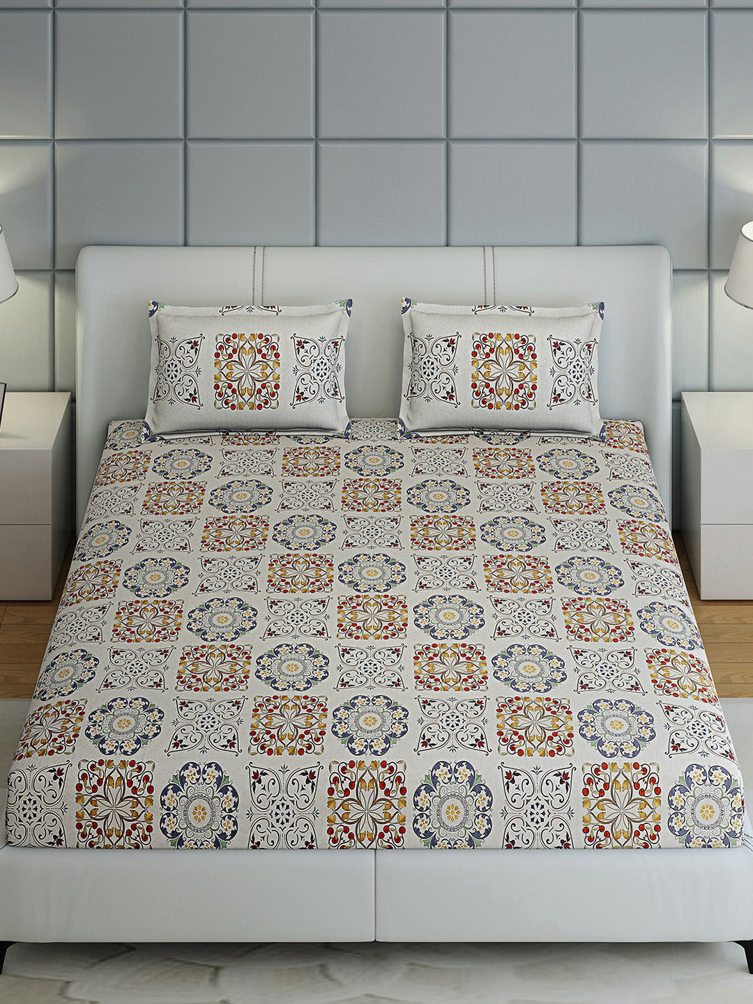 300 TC Cotton Double Bed 1 Bedsheet with 2 Pillow Covers (Morocan)