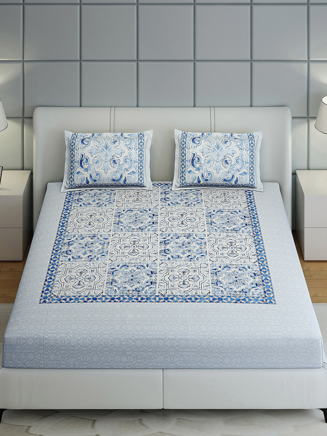 300 TC Cotton Double Bed 1 Bedsheet with 2 Pillow Covers (Morocan)