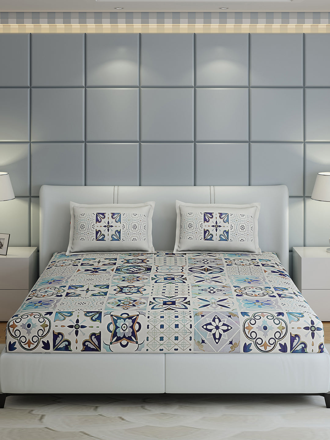 300 TC Cotton Double Bed 1 Bedsheet with 2 Pillow Covers (Morocan)