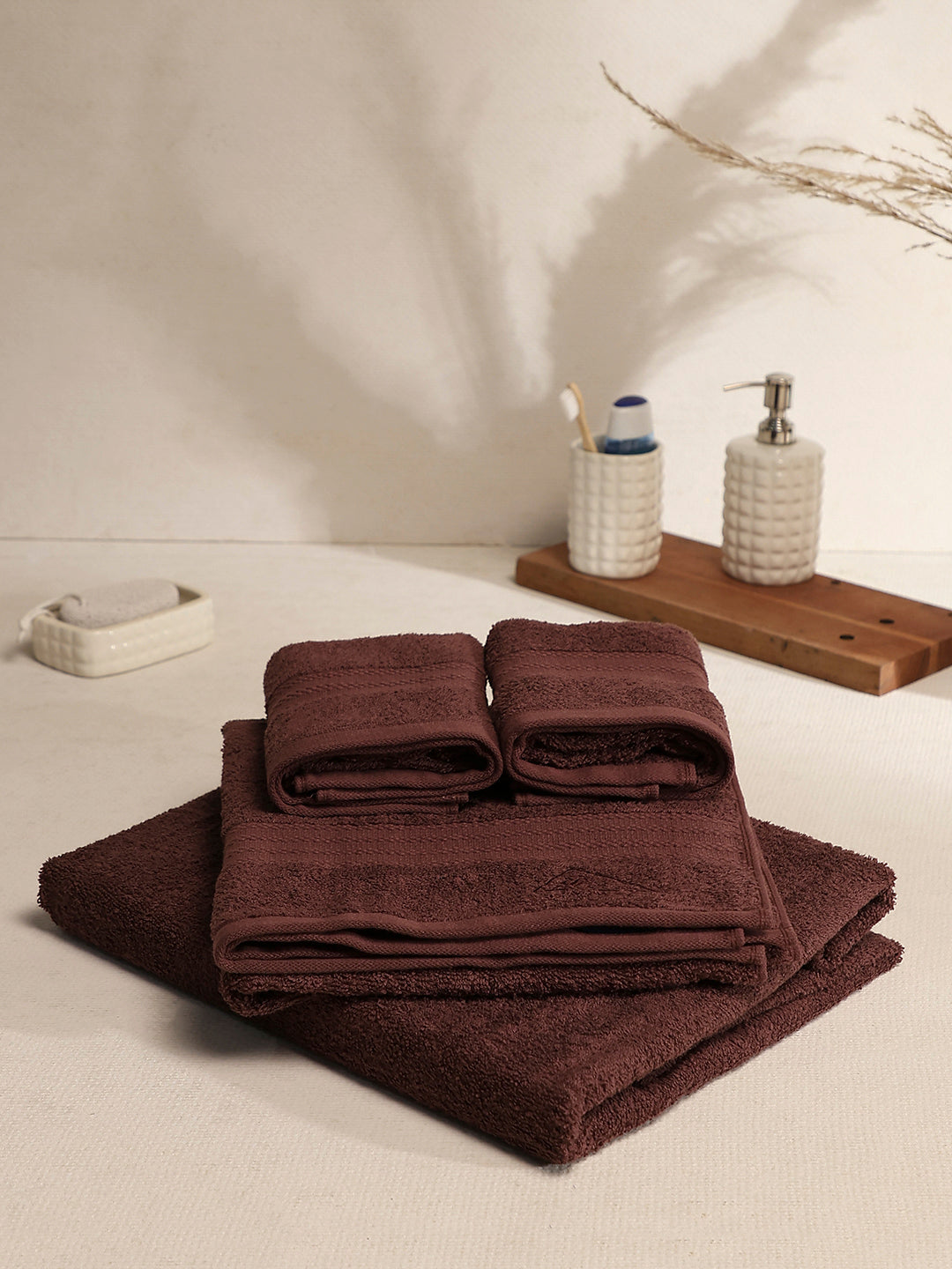 Dark Brown Cotton Solid 380 GSM 2 Bath Towel & 2 Hand Towel