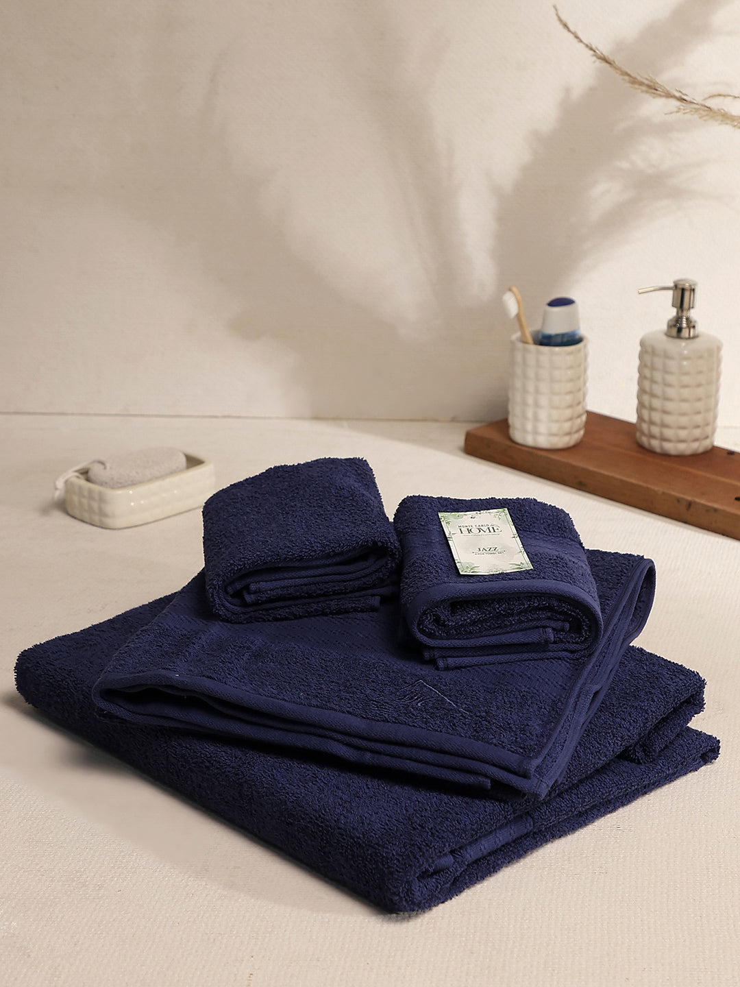 Navy Blue Cotton Solid 380 GSM 2 Bath Towel & 2 Hand Towel