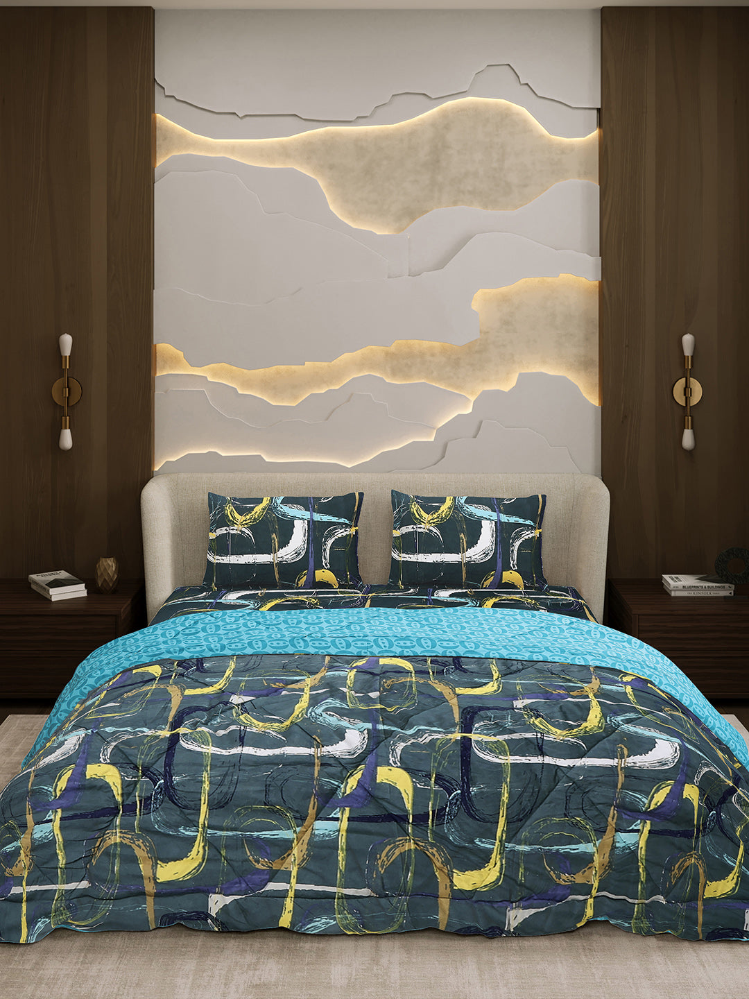 Printed Double Bed 130 GSM 4 Pc Bedding Set (1 Bedsheet, 1 AC Comforter & 2 Pillow Cover)