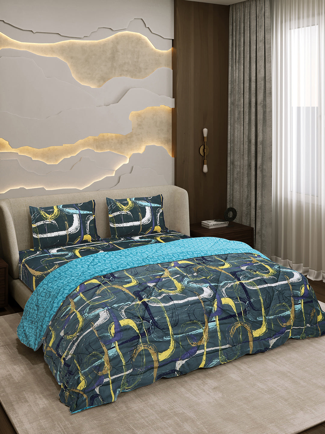 Printed Double Bed 130 GSM 4 Pc Bedding Set (1 Bedsheet, 1 AC Comforter & 2 Pillow Cover)