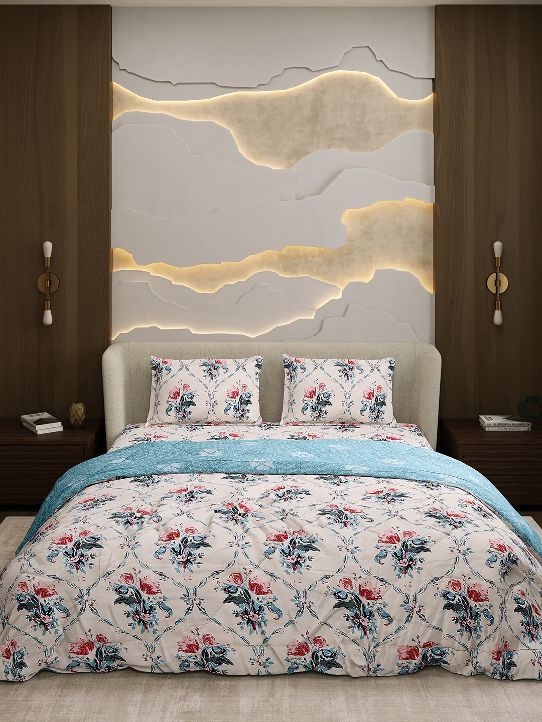 Printed Double Bed 130 GSM 4 Pc Bedding Set (1 Bedsheet, 1 AC Comforter & 2 Pillow Cover)