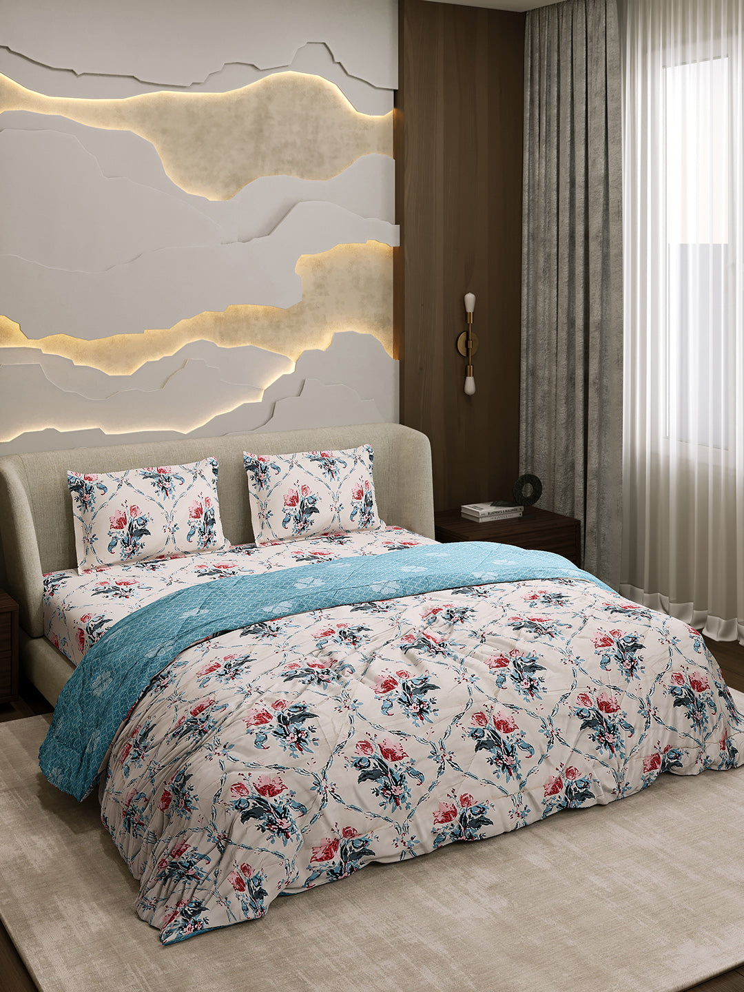 Printed Double Bed 130 GSM 4 Pc Bedding Set (1 Bedsheet, 1 AC Comforter & 2 Pillow Cover)