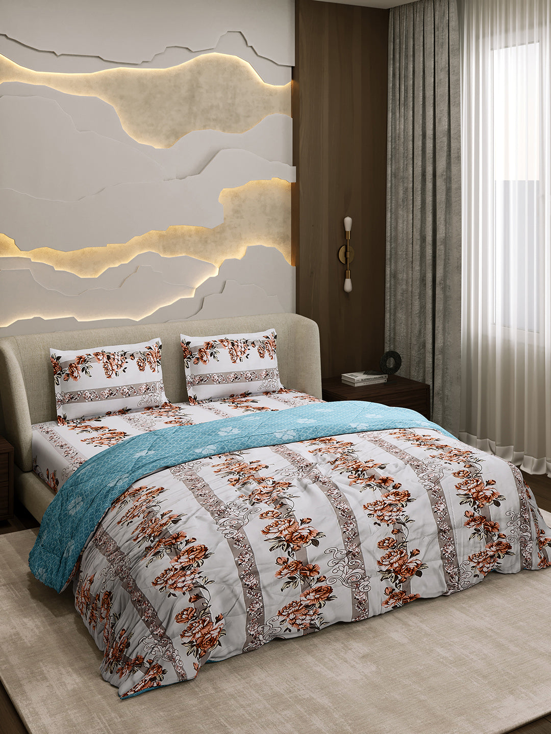 Printed Double Bed 130 GSM 4 Pc Bedding Set (1 Bedsheet, 1 AC Comforter & 2 Pillow Cover)