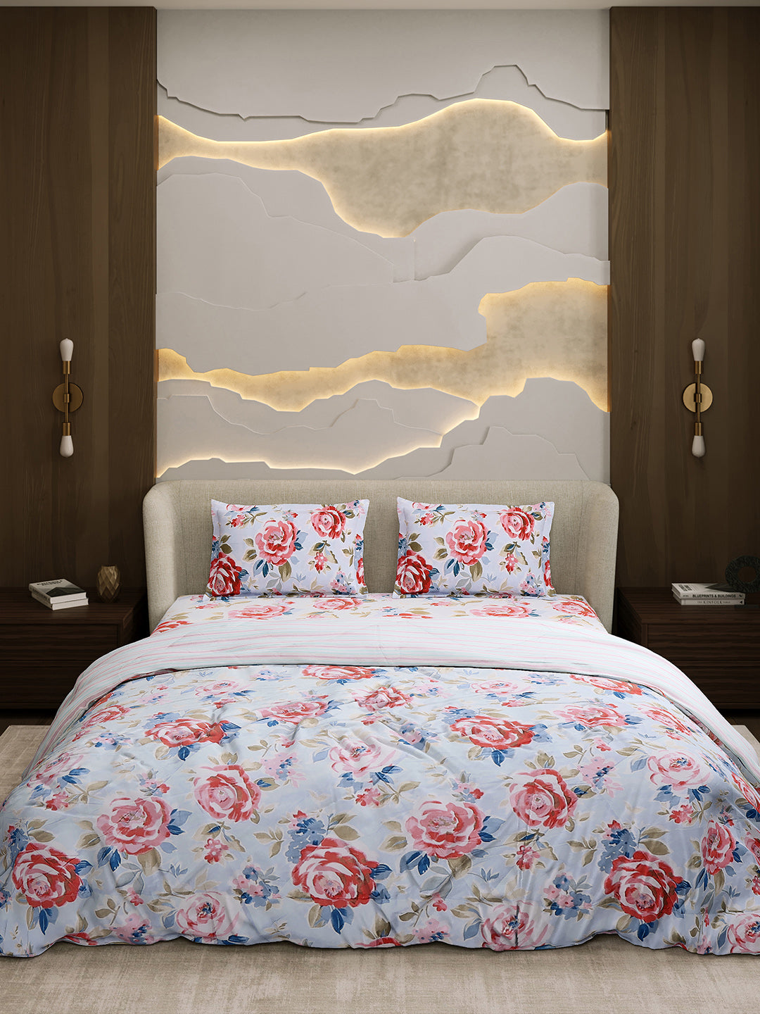 Printed Double Bed 130 GSM 4 Pc Bedding Set (1 Bedsheet, 1 AC Comforter & 2 Pillow Cover)