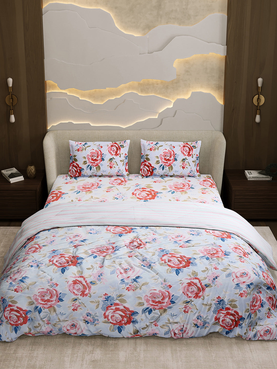 Printed Double Bed 130 GSM 4 Pc Bedding Set (1 Bedsheet, 1 AC Comforter & 2 Pillow Cover)