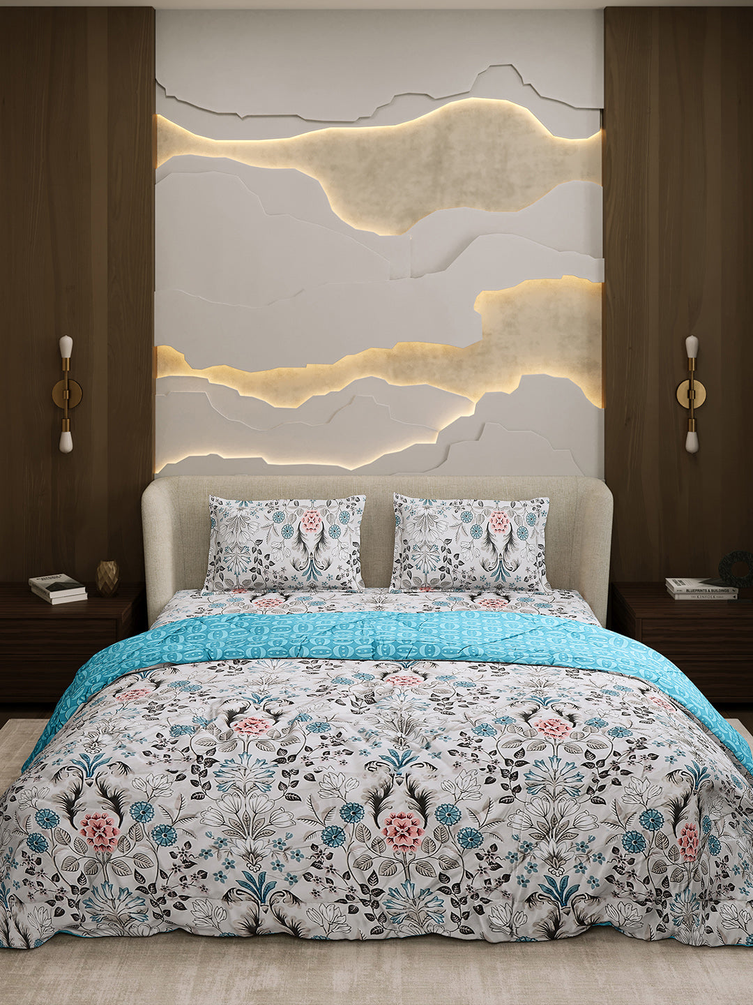 Printed Double Bed 130 GSM 4 Pc Bedding Set (1 Bedsheet, 1 AC Comforter & 2 Pillow Cover)