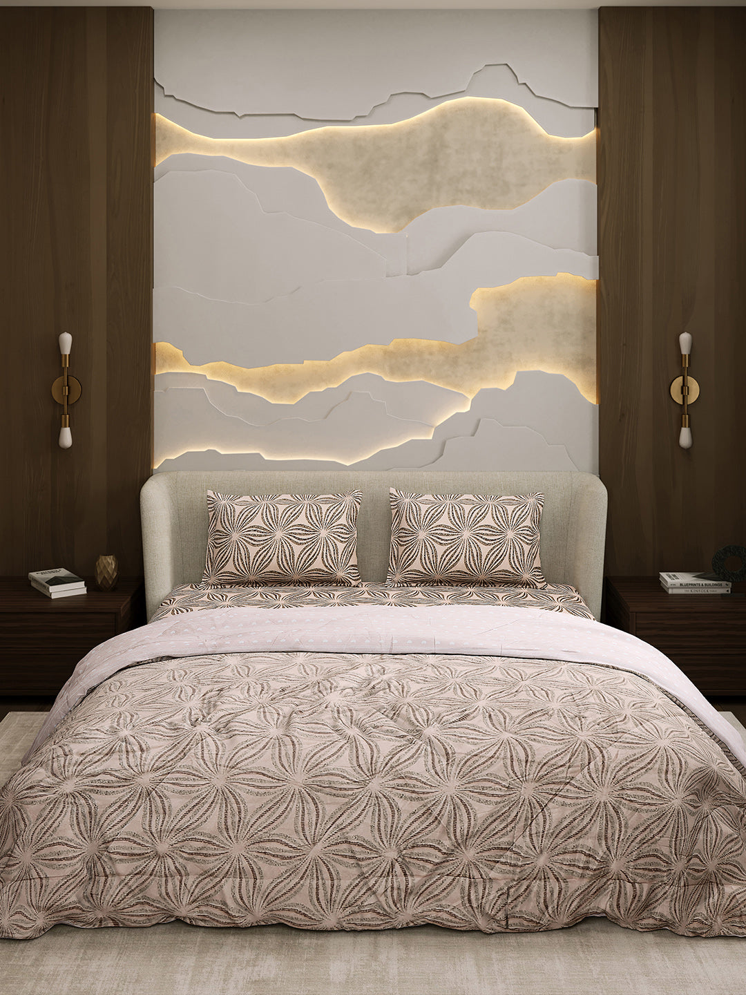 Printed Double Bed 130 GSM 4 Pc Bedding Set (1 Bedsheet, 1 AC Comforter & 2 Pillow Cover)