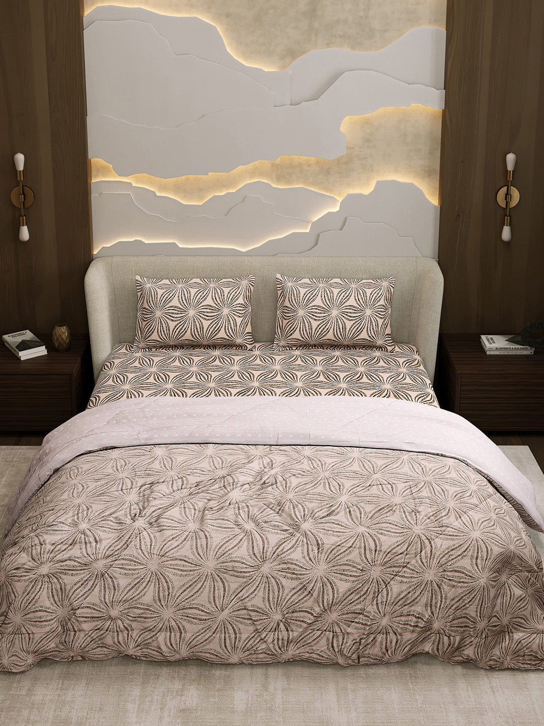 Printed Double Bed 130 GSM 4 Pc Bedding Set (1 Bedsheet, 1 AC Comforter & 2 Pillow Cover)