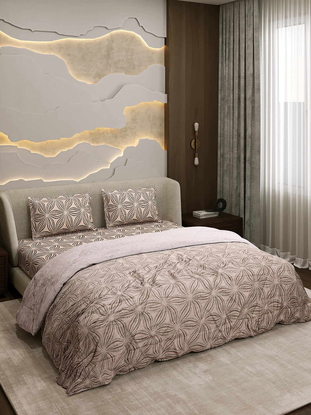 Printed Double Bed 130 GSM 4 Pc Bedding Set (1 Bedsheet, 1 AC Comforter & 2 Pillow Cover)