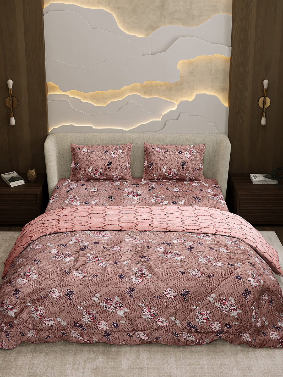 Printed Double Bed 130 GSM 4 Pc Bedding Set (1 Bedsheet, 1 AC Comforter & 2 Pillow Cover)