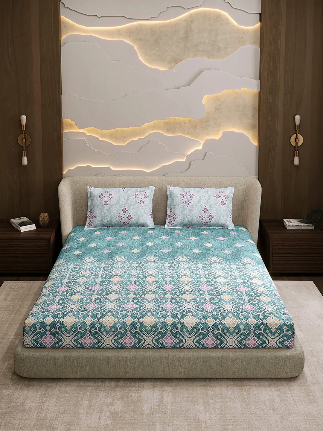 144 TC Cotton Double Bed 1 Fitted Bedsheet with 2 Pillow Cover (Solstice)