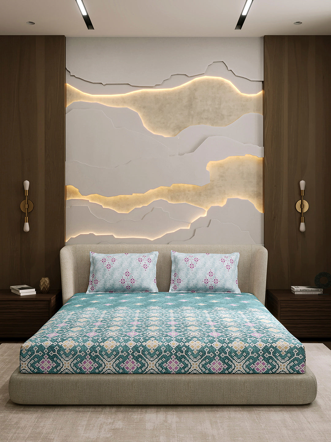 144 TC Cotton Double Bed 1 Fitted Bedsheet with 2 Pillow Cover (Solstice)