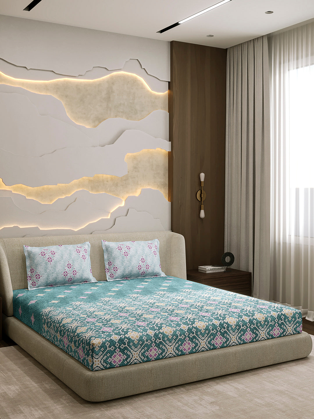 144 TC Cotton Double Bed 1 Fitted Bedsheet with 2 Pillow Cover (Solstice)