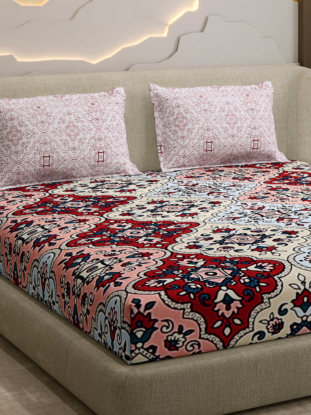 144 TC Cotton Double Bed 1 Fitted Bedsheet with 2 Pillow Cover (Solstice)