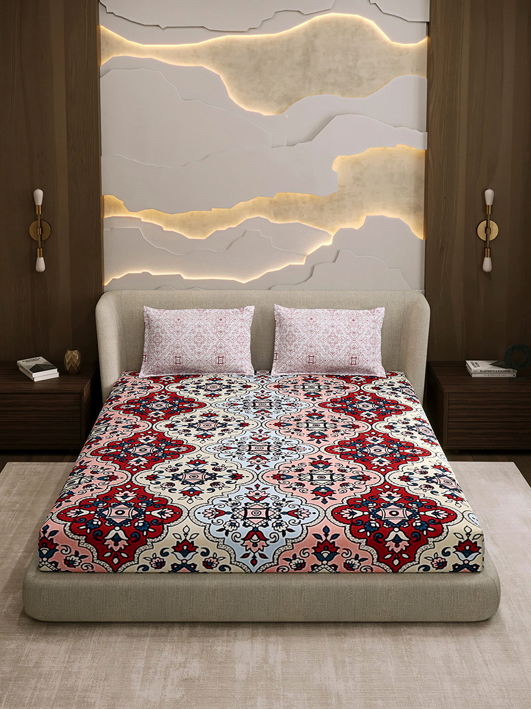 144 TC Cotton Double Bed 1 Fitted Bedsheet with 2 Pillow Cover (Solstice)