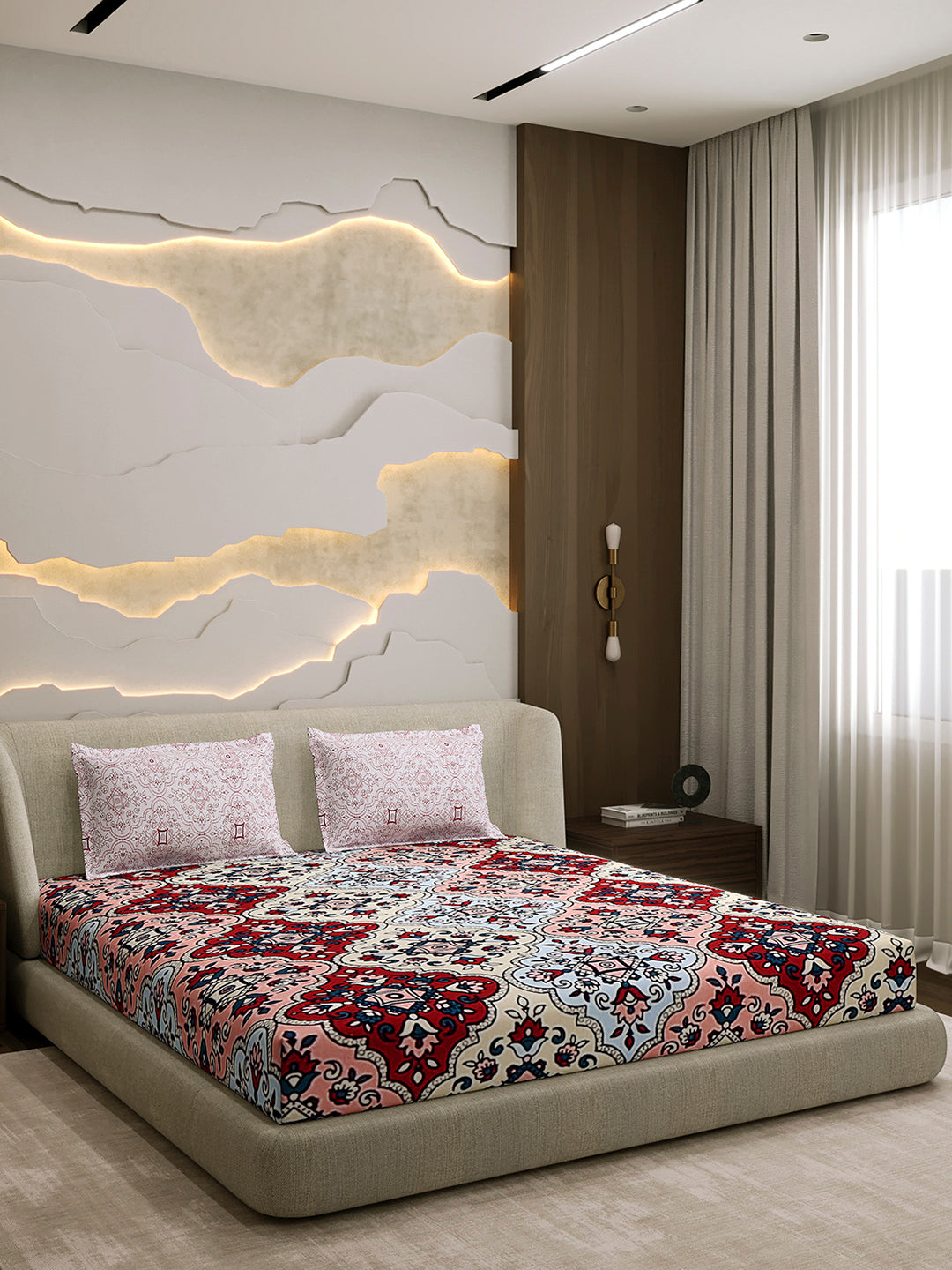 144 TC Cotton Double Bed 1 Fitted Bedsheet with 2 Pillow Cover (Solstice)