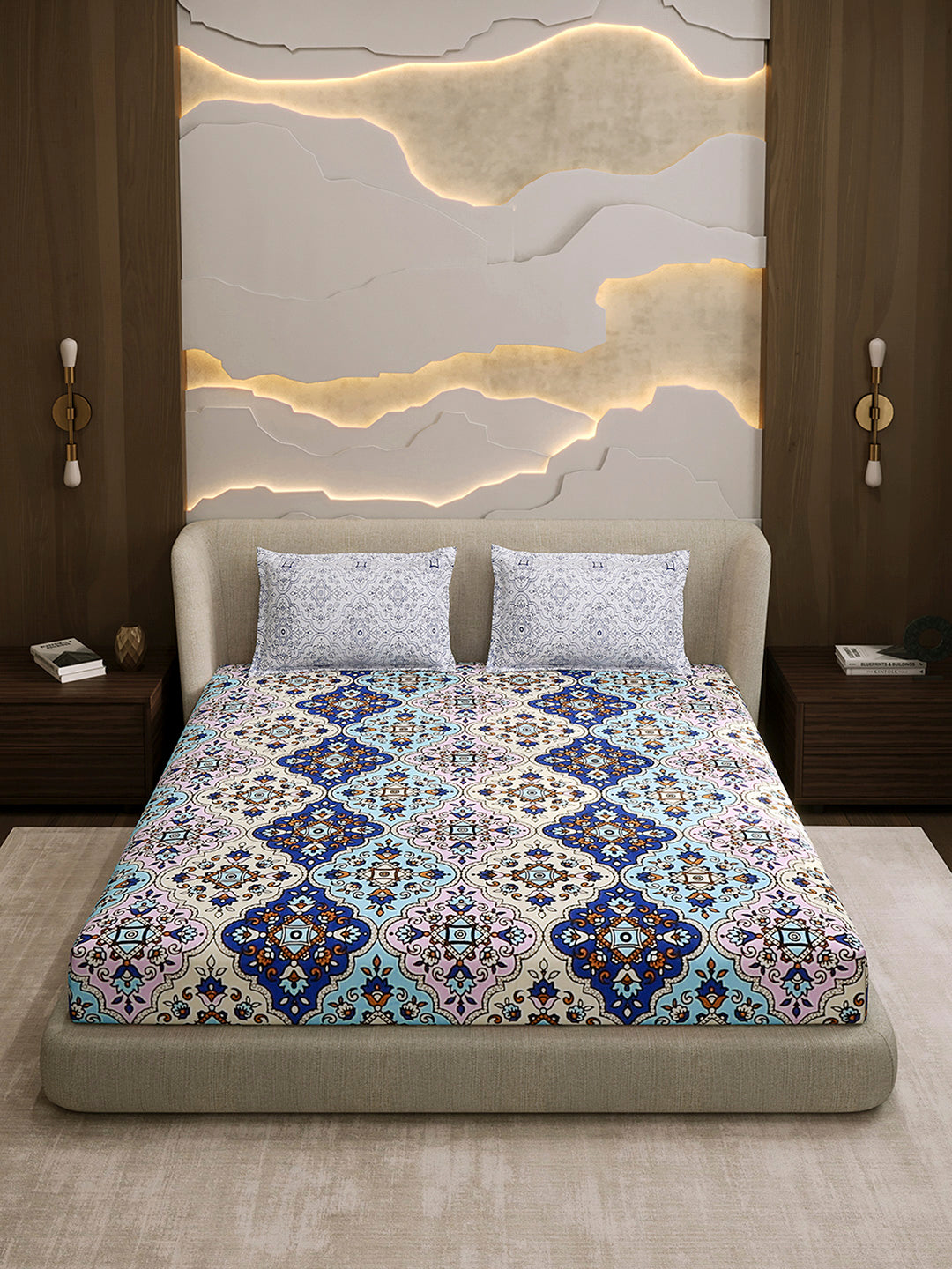 144 TC Cotton Double Bed 1 Fitted Bedsheet with 2 Pillow Cover (Solstice)