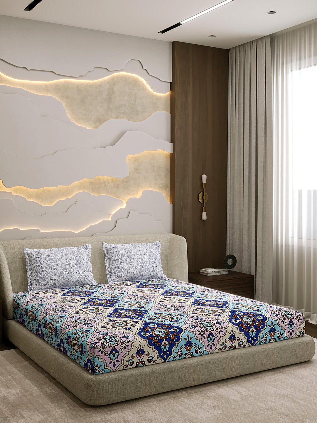 144 TC Cotton Double Bed 1 Fitted Bedsheet with 2 Pillow Cover (Solstice)