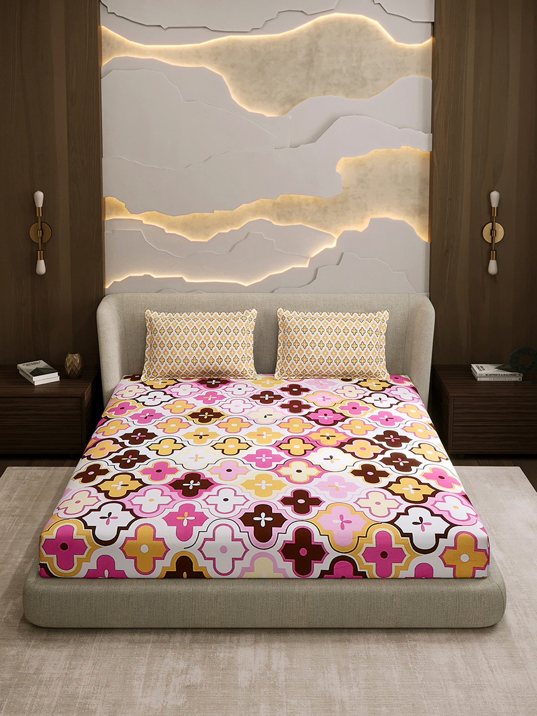 144 TC Cotton Double Bed 1 Fitted Bedsheet with 2 Pillow Cover (Solstice)