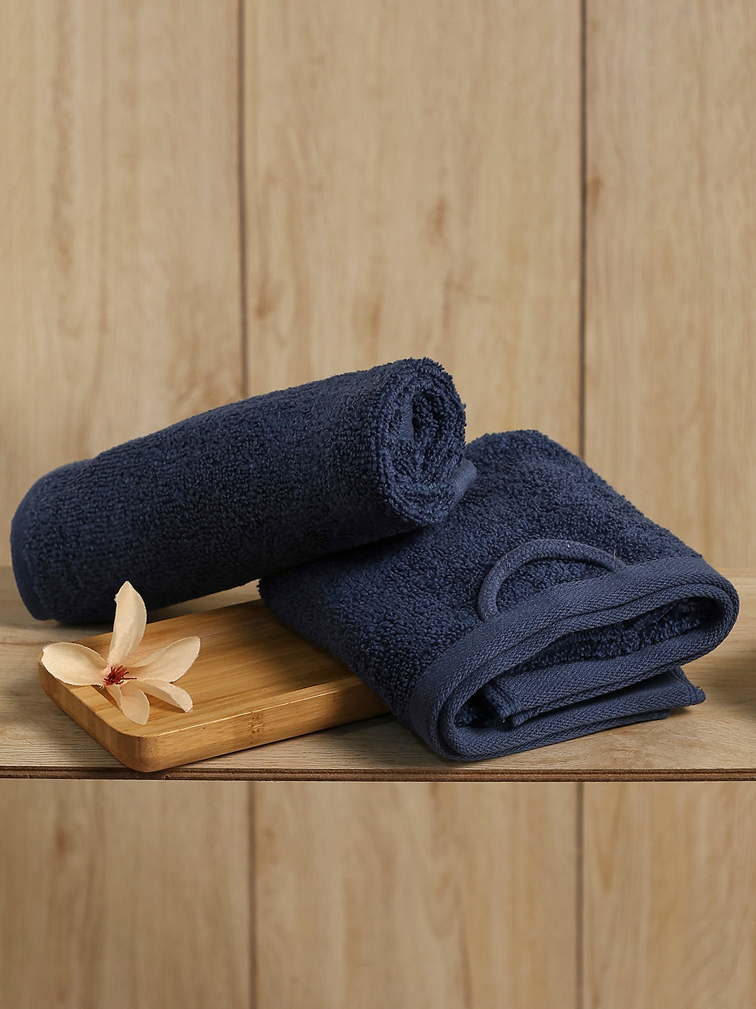Navy Blue Cotton Solid 350 GSM Hand Towel (Pack of 2)