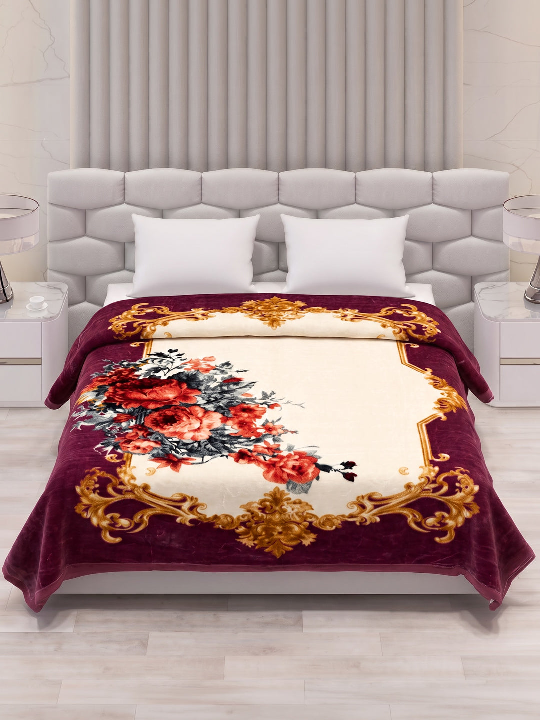 Floral Print Double Bed 2 Ply 1050 GSM Blanket for Winter (Emilia), Weight 5.5 kg