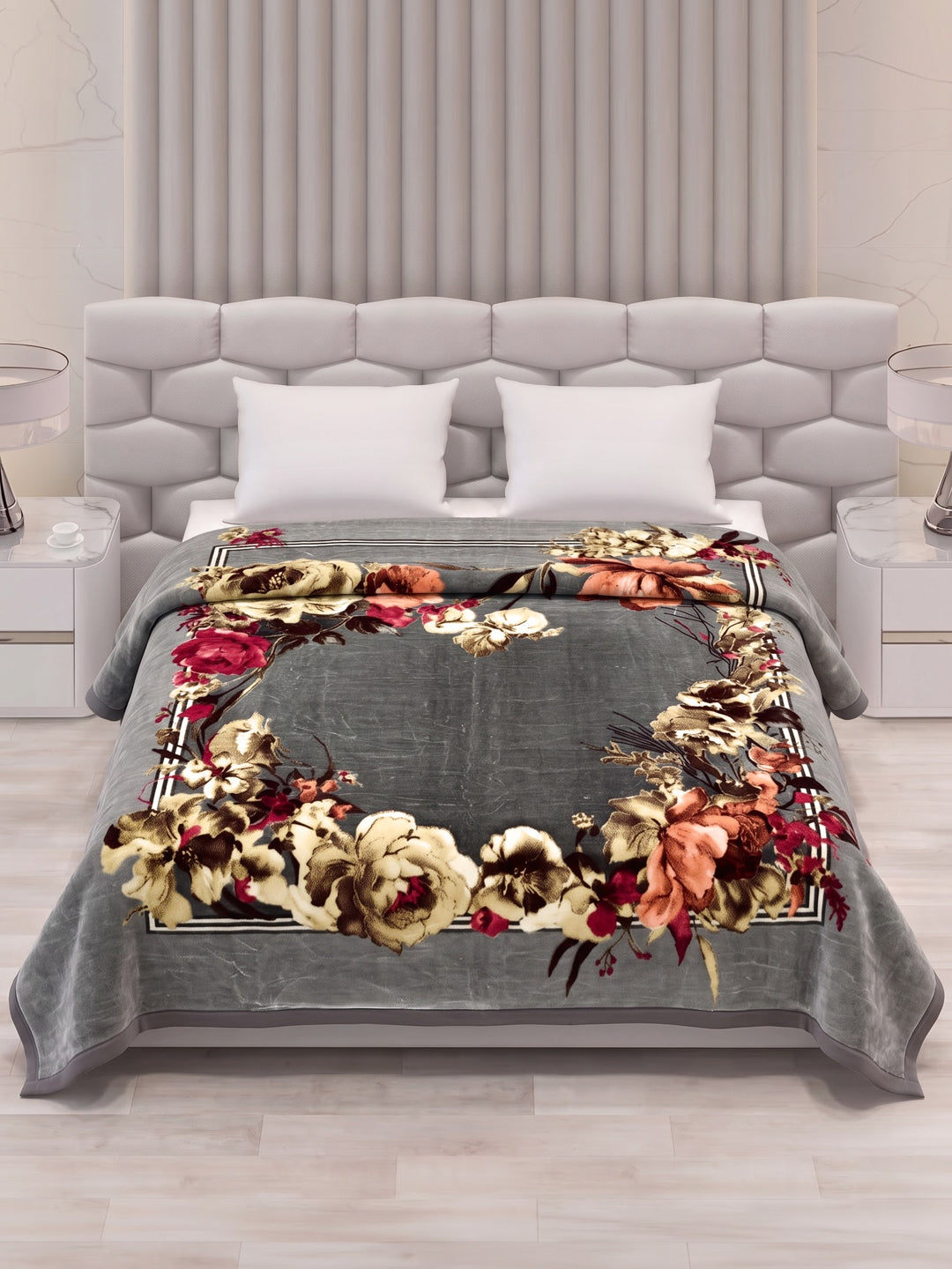Floral Print Double Bed 2 Ply 1050 GSM Blanket for Winter (Emilia), Weight 5.5 kg
