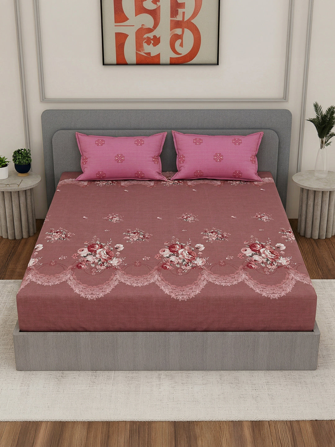 110 GSM Polyester Double Bed Bedsheet with 2 Pillow Covers Aromatica Collection