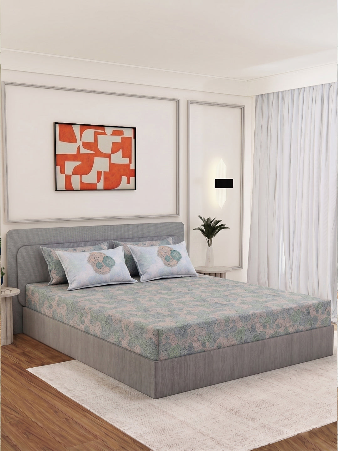 Luxury 300 TC Pure Cotton King Size Bedsheet with 4 Pillow Covers Brush & Bloom Collection