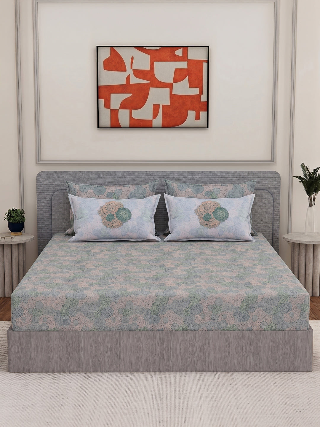 Luxury 300 TC Pure Cotton King Size Bedsheet with 4 Pillow Covers Brush & Bloom Collection