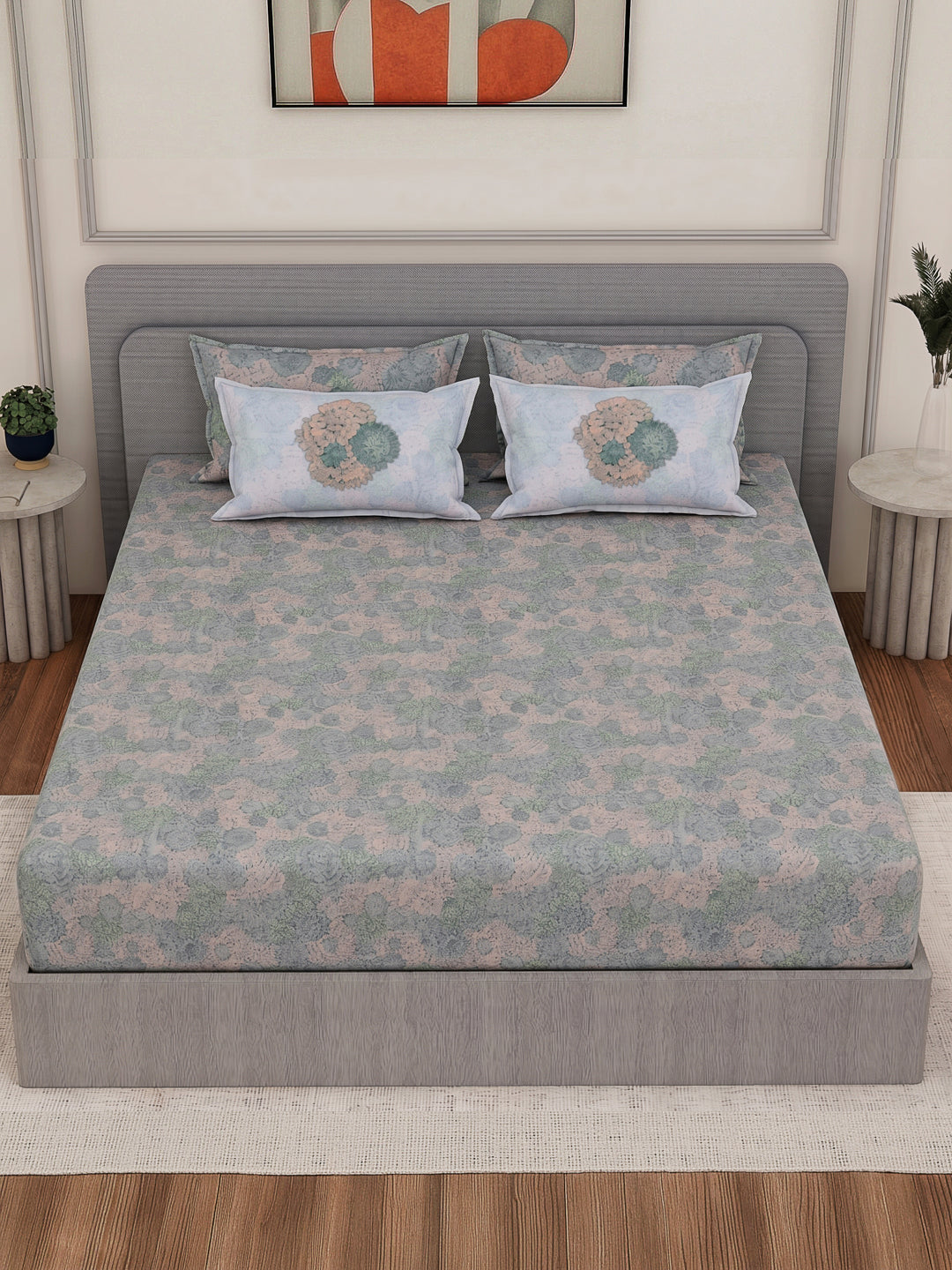 Luxury 300 TC Pure Cotton King Size Bedsheet with 4 Pillow Covers Brush & Bloom Collection