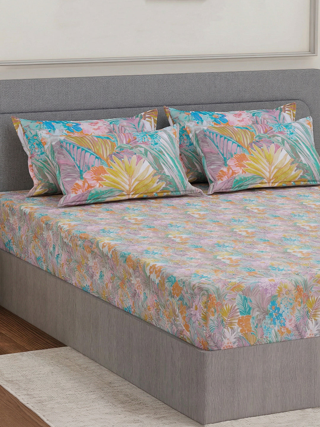 Luxury 300 TC Pure Cotton King Size Bedsheet with 4 Pillow Covers Brush & Bloom Collection