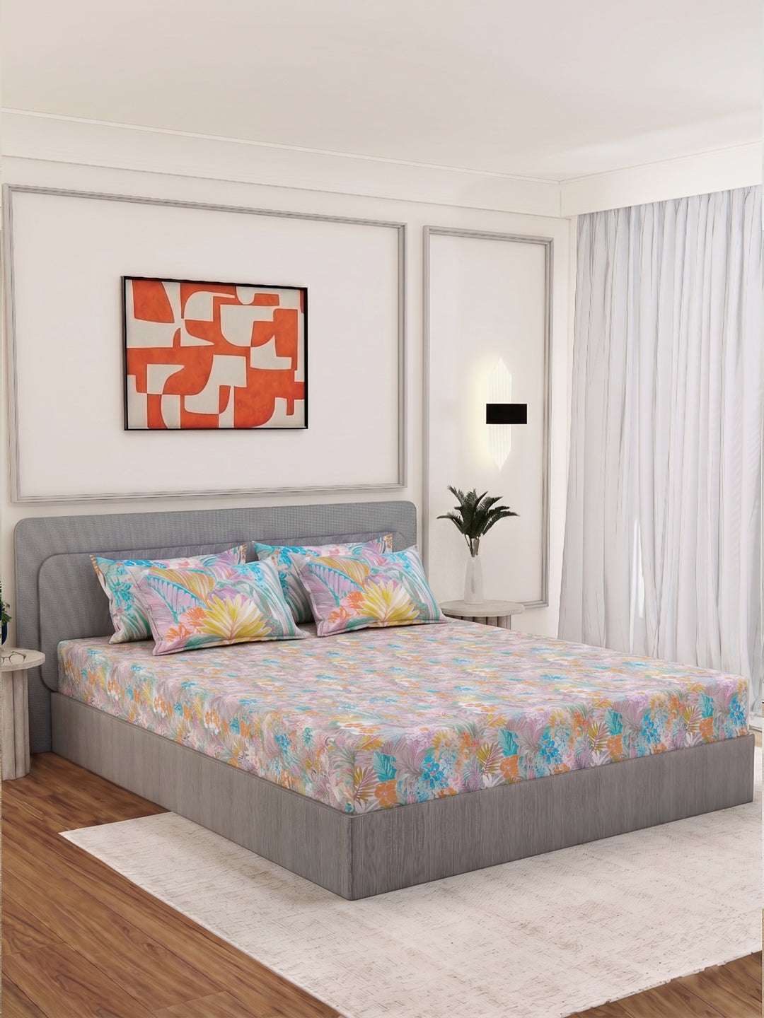 Luxury 300 TC Pure Cotton King Size Bedsheet with 4 Pillow Covers Brush & Bloom Collection