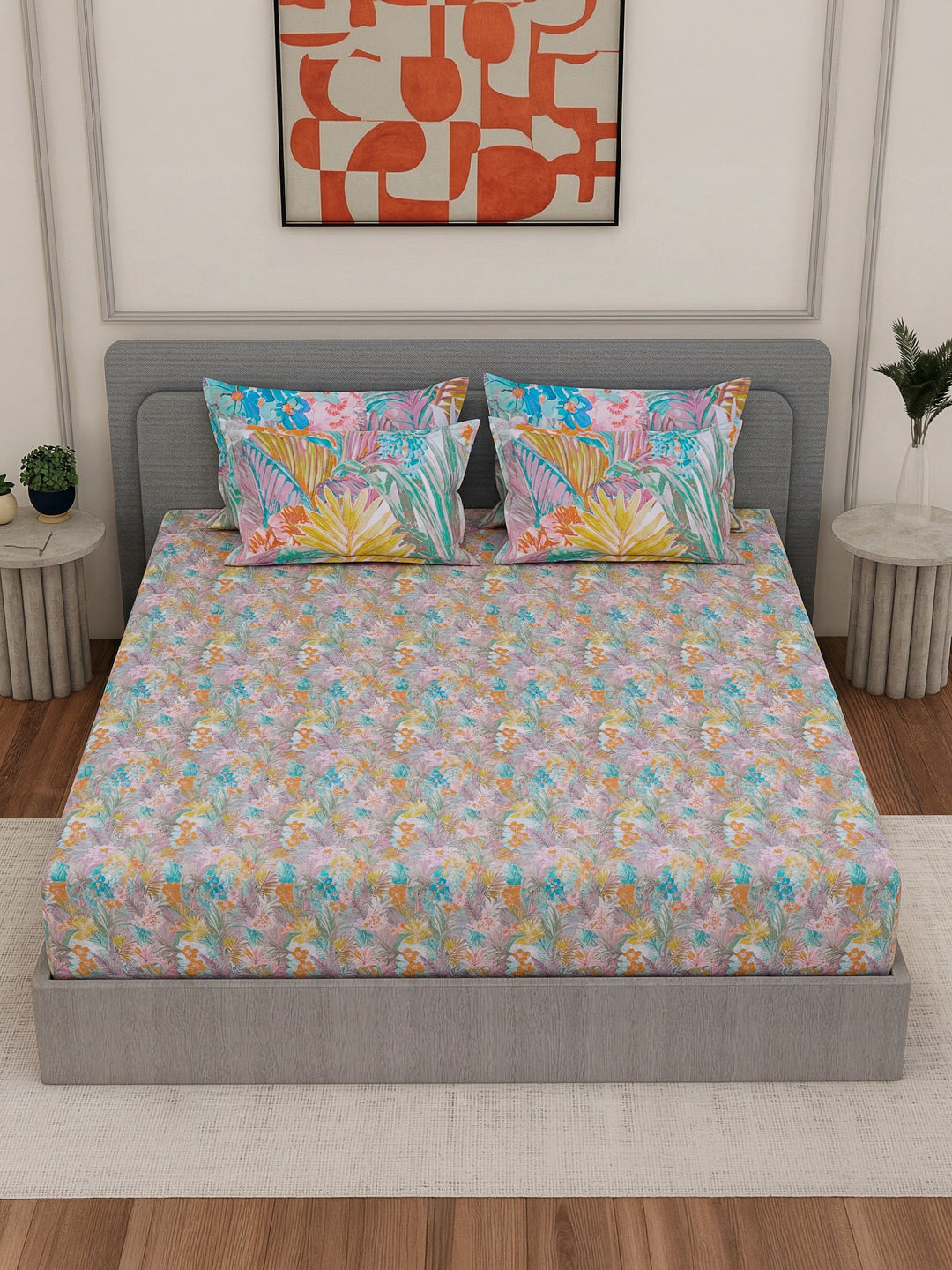 Luxury 300 TC Pure Cotton King Size Bedsheet with 4 Pillow Covers Brush & Bloom Collection