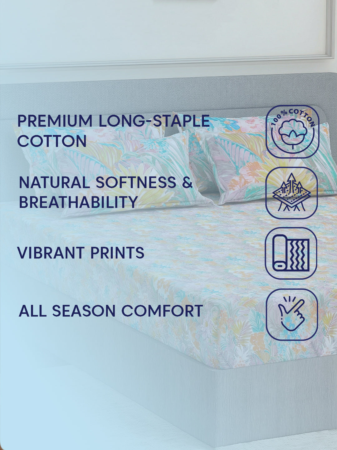 Luxury 300 TC Pure Cotton King Size Bedsheet with 4 Pillow Covers Brush & Bloom Collection
