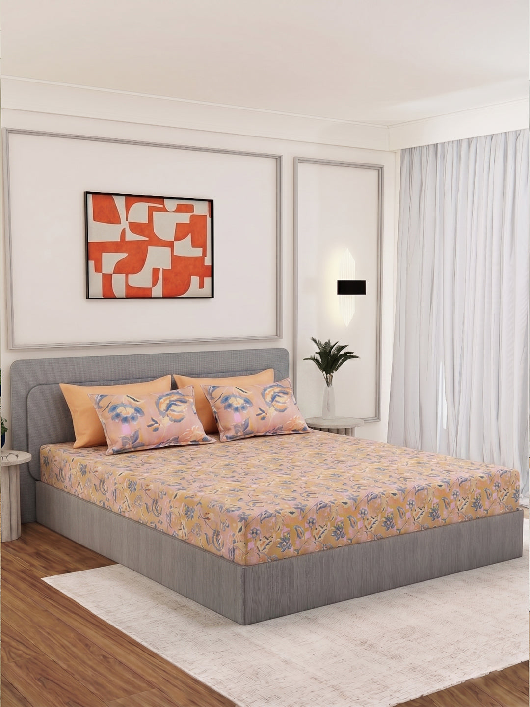 Luxury 300 TC Pure Cotton King Size Bedsheet with 4 Pillow Covers Brush & Bloom Collection