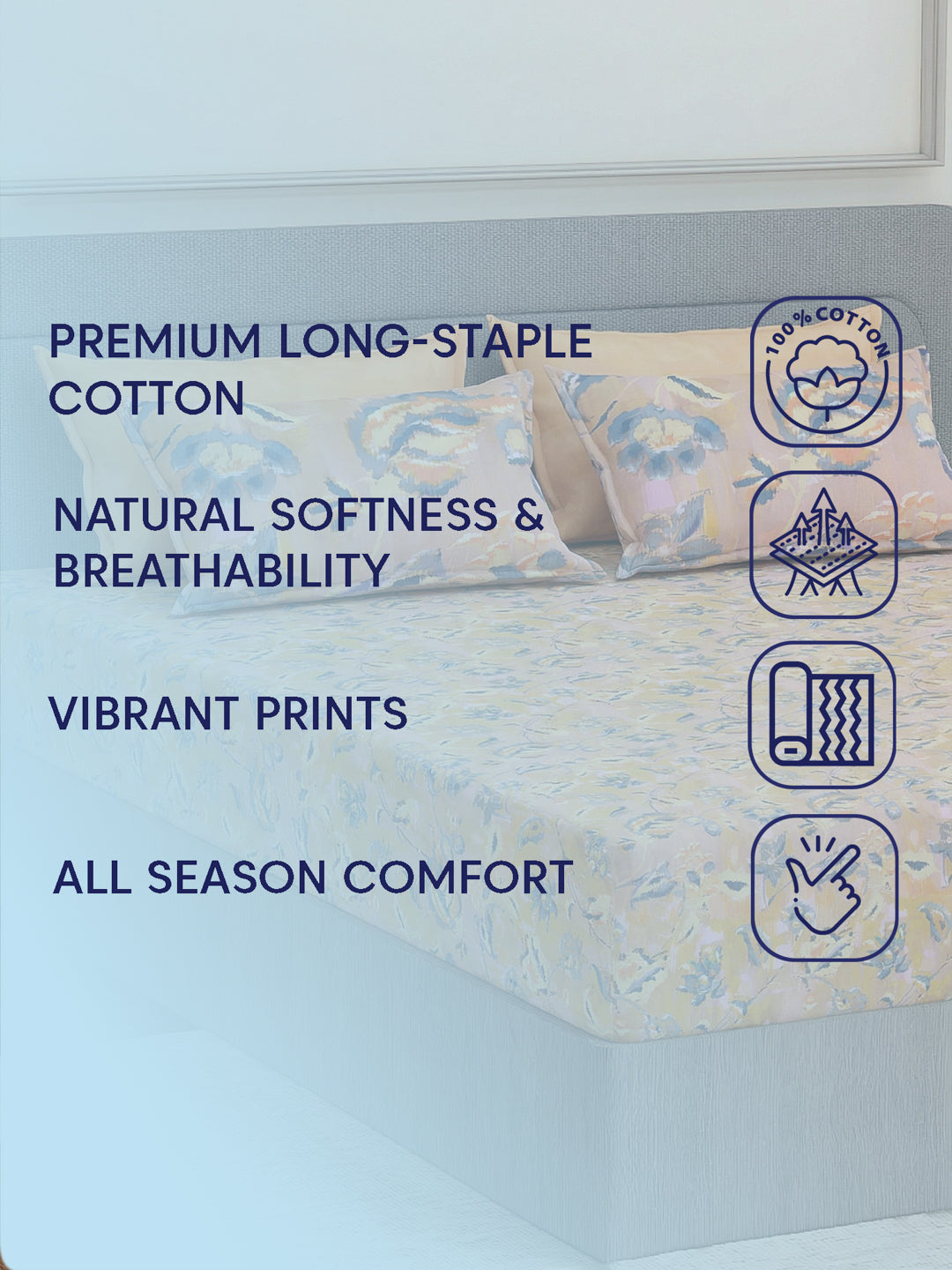 Luxury 300 TC Pure Cotton King Size Bedsheet with 4 Pillow Covers Brush & Bloom Collection