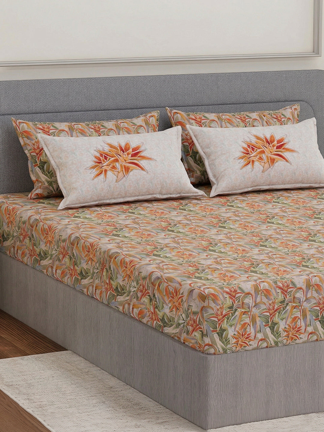 Luxury 300 TC Pure Cotton King Size Bedsheet with 4 Pillow Covers Brush & Bloom Collection