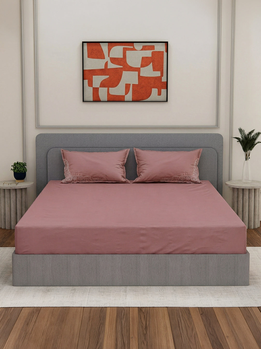 Luxury 400 TC Pure Cotton King Size Bedsheet with 2 Pillow Covers Lace Magic Collection