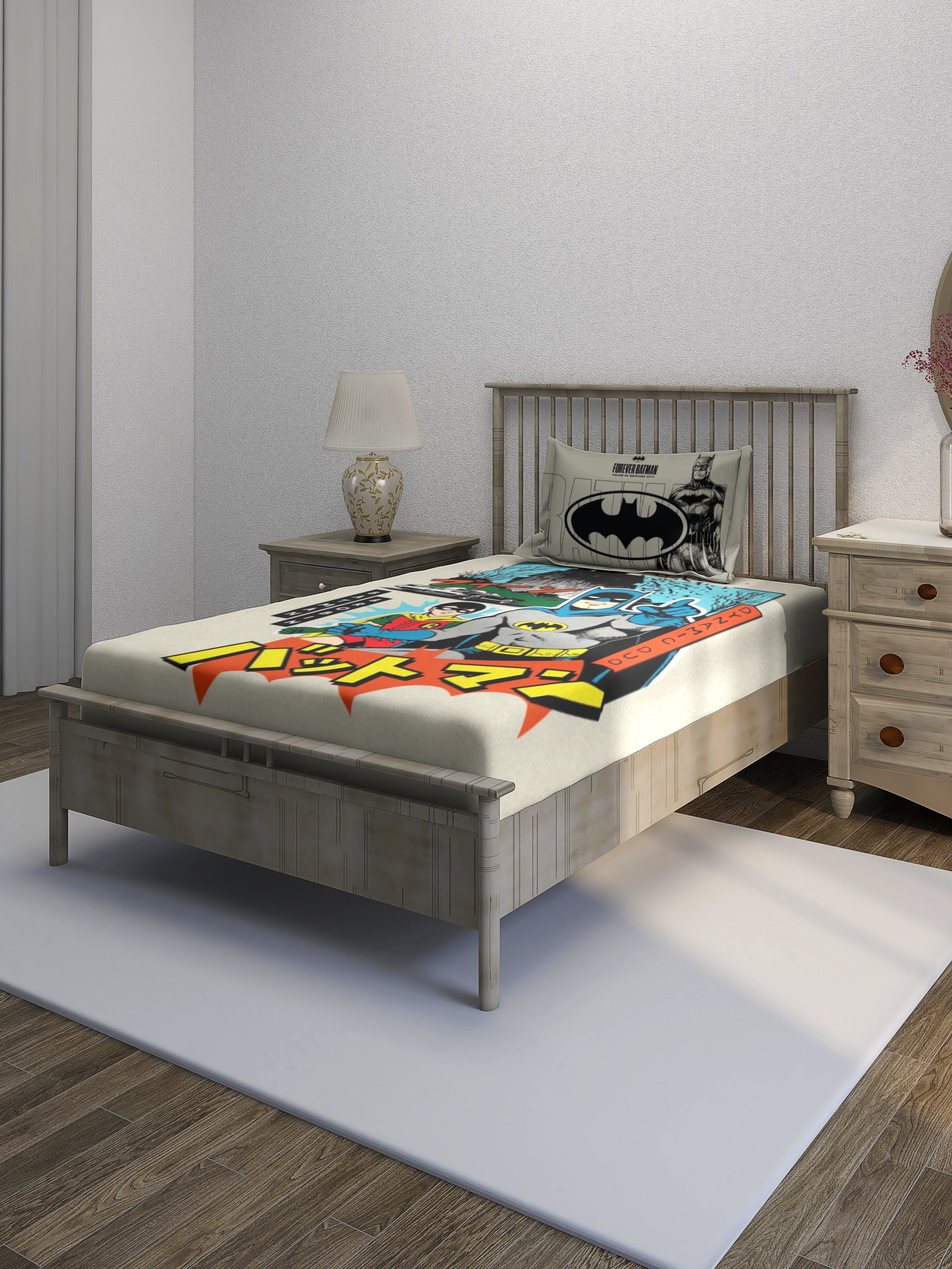 Monte Carlo Batman Printed 110 GSM Single Bedsheet with 1 Pillow Cover for Kids