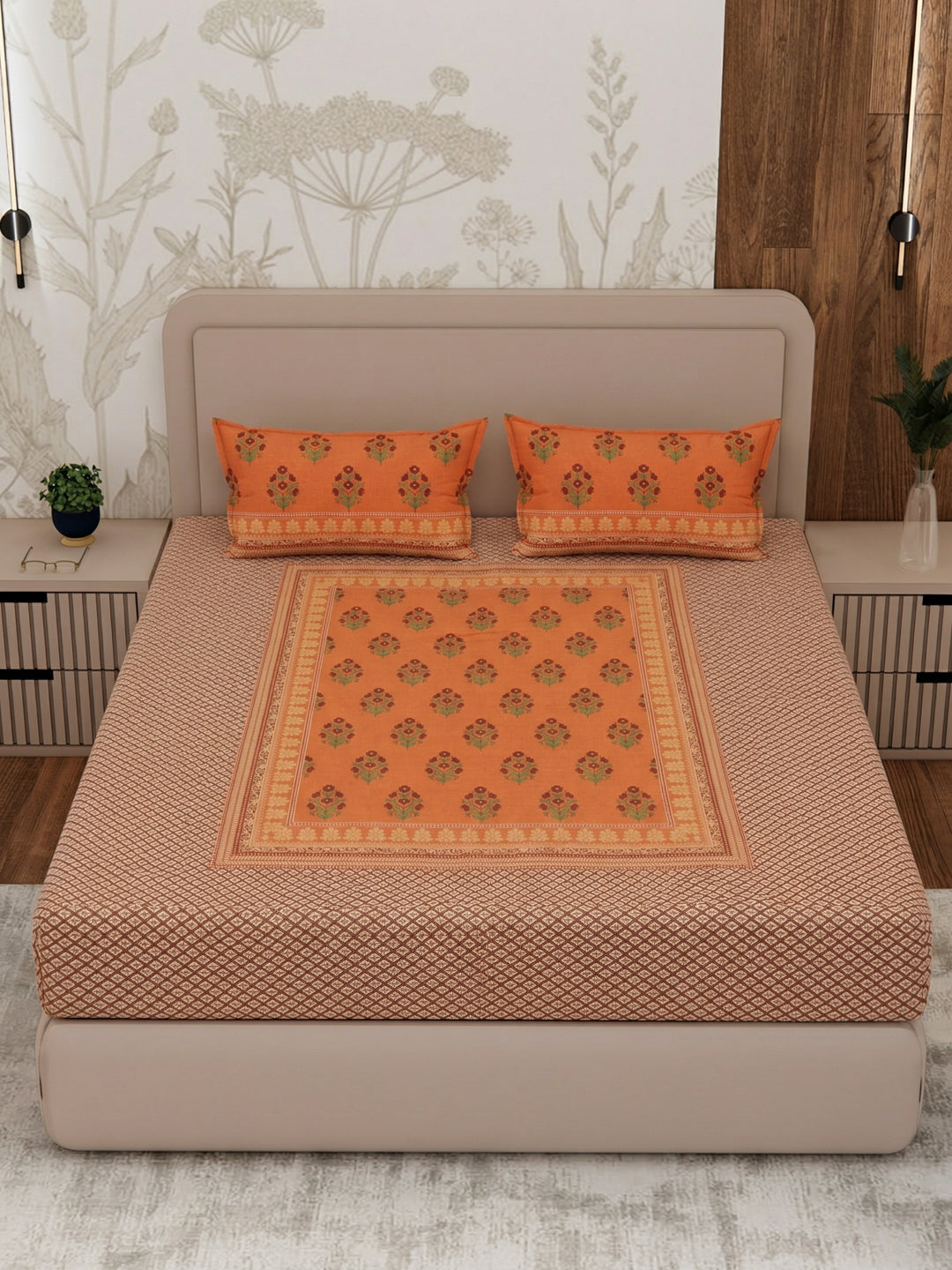 Premium 180 TC Pure Cotton King Size Bedsheet with 2 Pillow Covers Sanganeri Collection