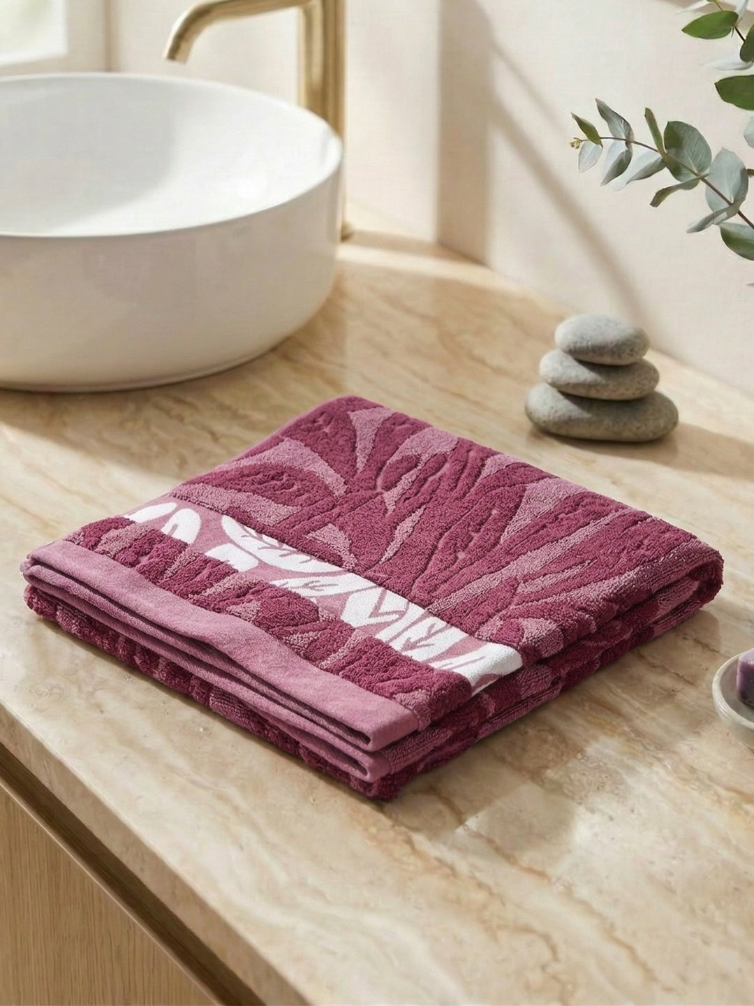 Luxury Burgundy Bamboo Cotton Self Design 630 GSM Bath Towel Eco Bamboo Bliss 1 Pc Pvc