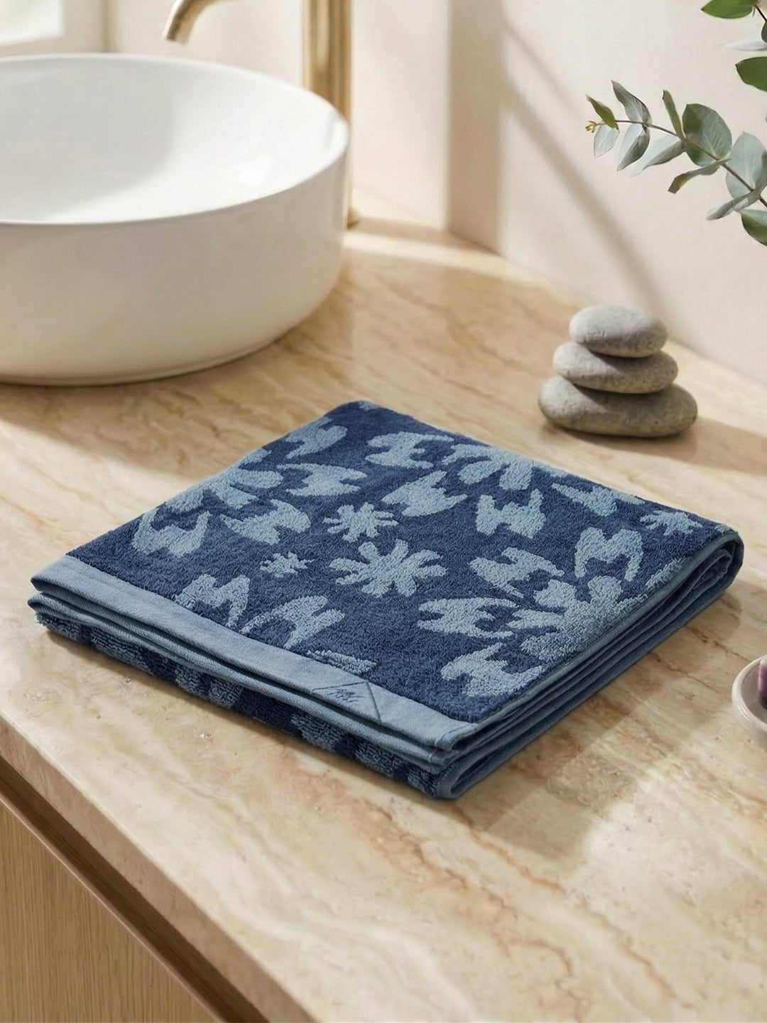 Luxury Navy Blue Bamboo Cotton Self Design 630 GSM Bath Towel Eco Bamboo Bliss 1 Pc Pvc
