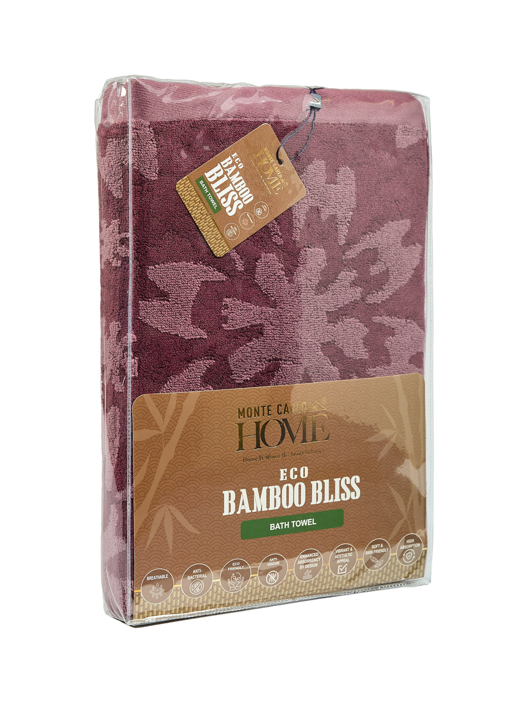 Luxury Burgundy Bamboo Cotton Self Design 630 GSM Bath Towel Eco Bamboo Bliss 1 Pc Pvc