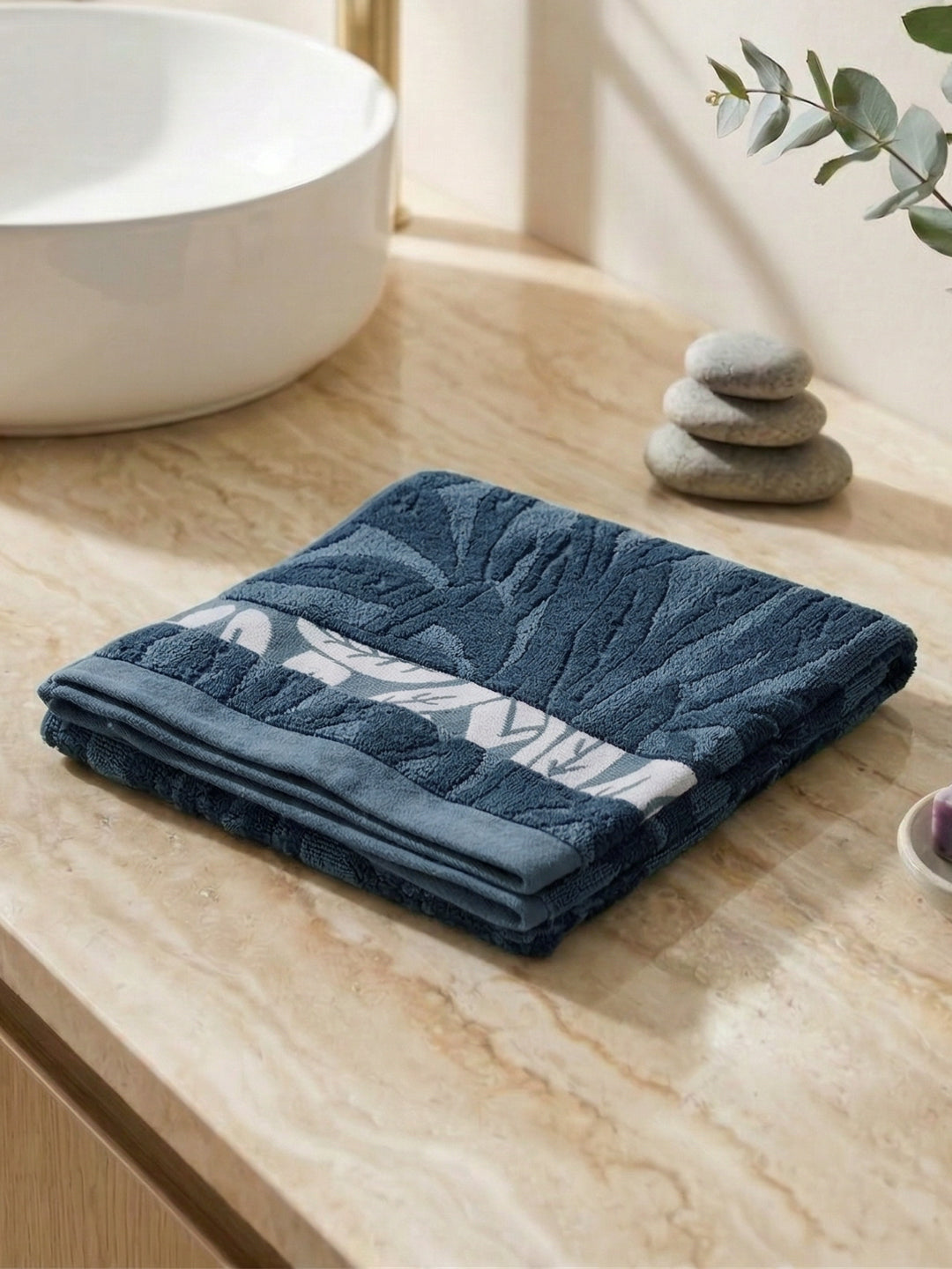 Luxury Navy Blue Bamboo Cotton Self Design 630 GSM Bath Towel Eco Bamboo Bliss 1 Pc Box Pack