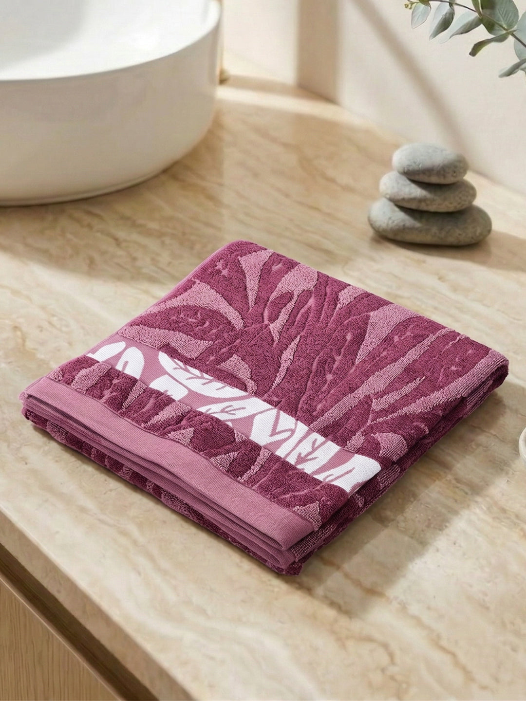Luxury Burgundy Bamboo Cotton Self Design 630 GSM Bath Towel Eco Bamboo Bliss 1 Pc Box Pack