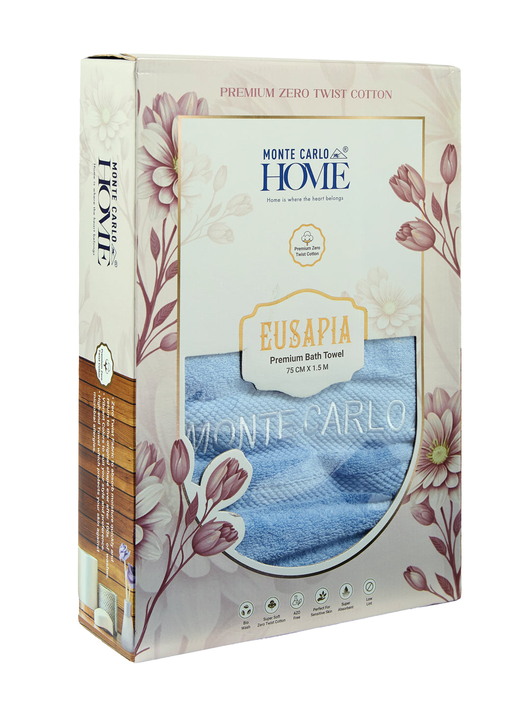Luxury Light Blue 100% Cotton Solid 625 GSM Bath Towel Eusapia 1 Pc Box Pack