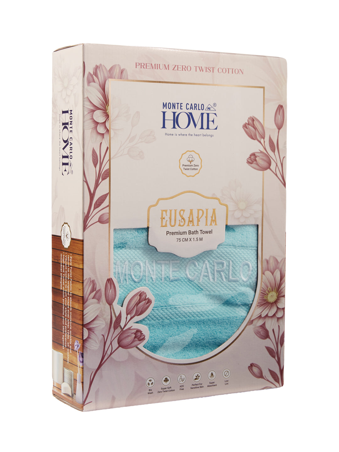 Luxury Aqua Blue 100% Cotton Solid 625 GSM Bath Towel Eusapia 1 Pc Box Pack